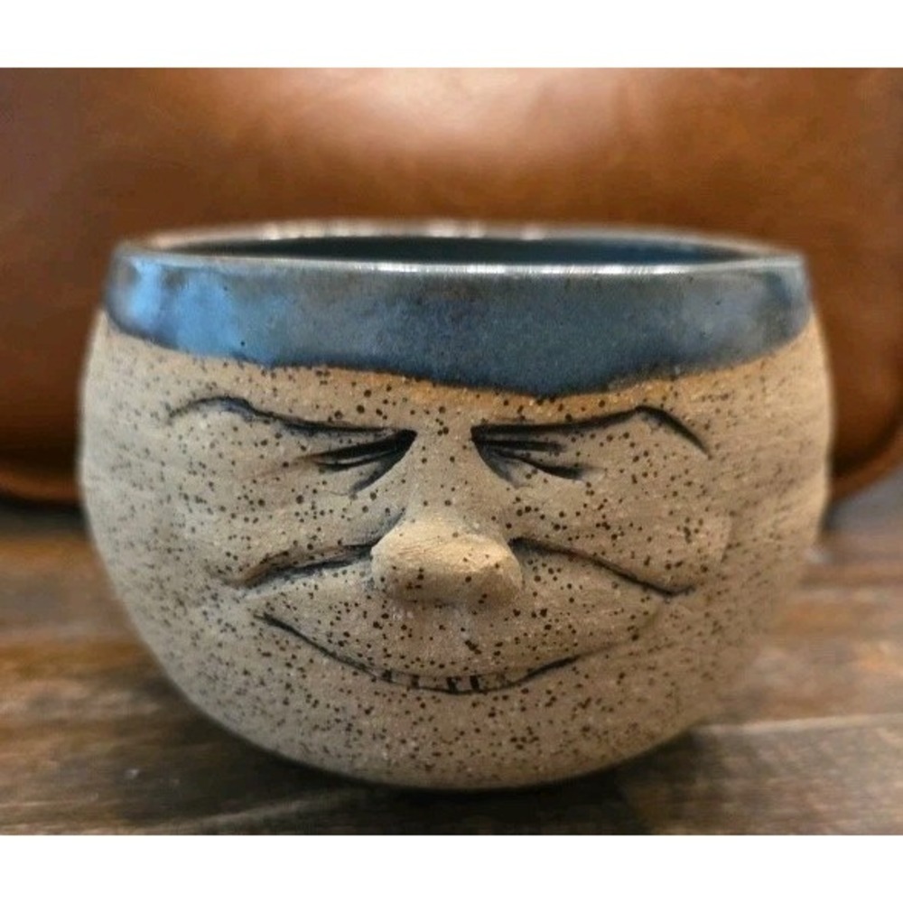Whimsical Ceramic Face Shaving Mug Bowl Hand Thrown Signed Art Pottery Blue Rim - Picture 1 of 11